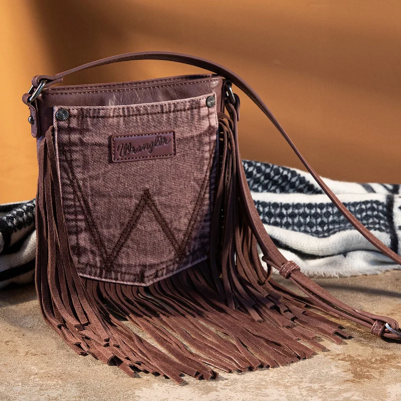 Wrangler Leather Fringe Jean Denim Pocket Crossbody