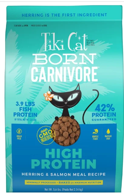    - Cat food for multi-cat households  Tiki Cat Born Carnivore High Protein, Herring & Salmon Meal, Grain-Free Baked Kibble to Maximize Nutrients, Dry Cat Food, 5.6 lbs. Bag