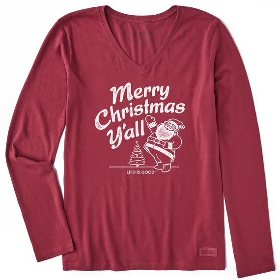 Women's Santa Merry Christmas Y'all Long-Sleeve Crusher Vee - Cranberry Red