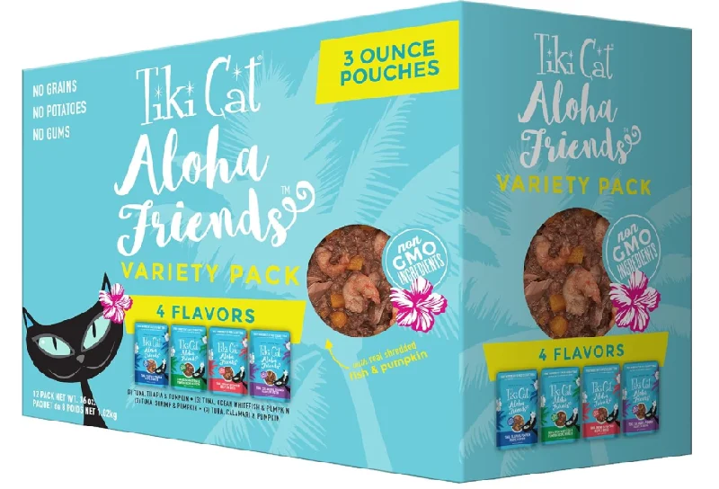    - Outdoor cat food  Tiki Cat Aloha Friends Variety Pack, Seafood Flavors with Pumpkin, Wet, High-Protein & High-Moisture Cat Food, For All Life Stages, 3 oz. Pouch