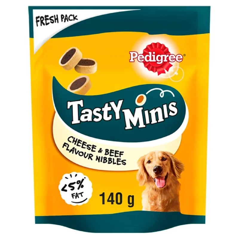 - High protein dog foodPedigree Tasty Minis Adult Dog Treats Cheesy Nibbles Cheese & Beef 140g