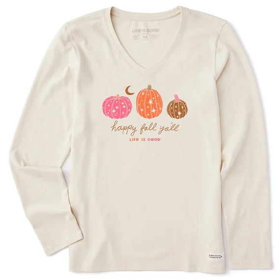 Women's Woodcut Celestial Pumpkins Long-Sleeve Crusher Vee - Putty White