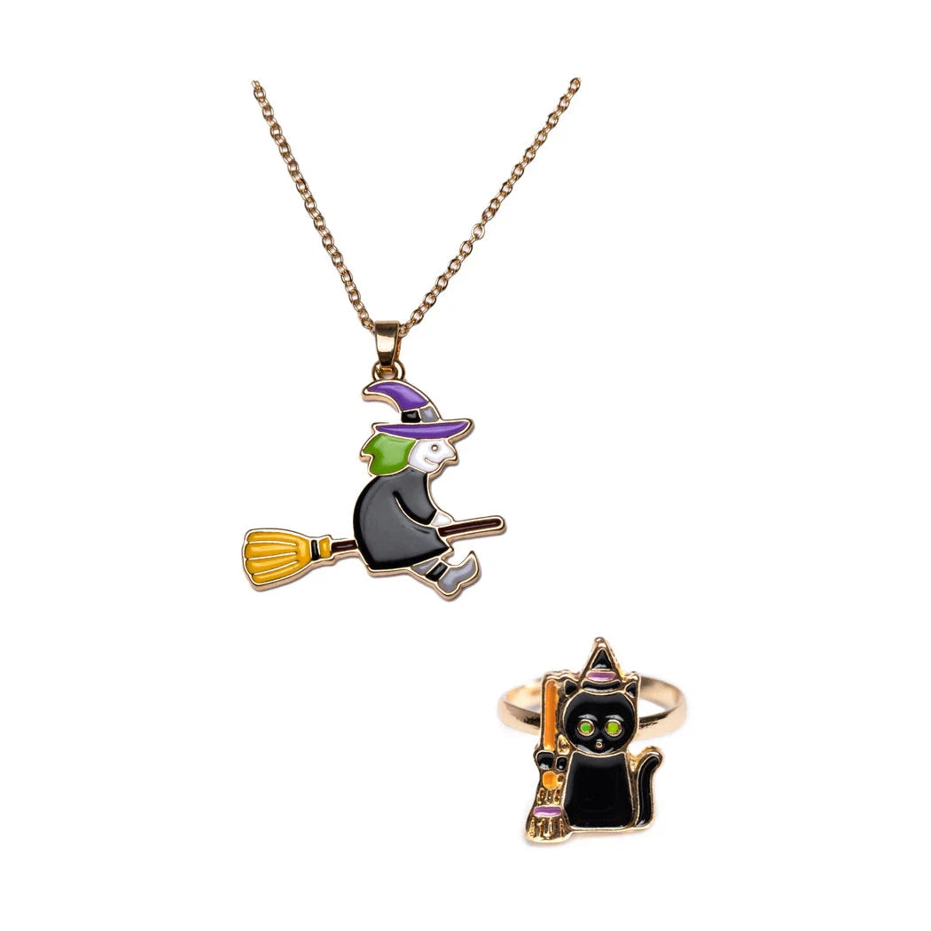 witch necklace with black cat ring