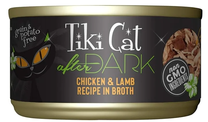    - Kitten food  Tiki Cat After Dark, Chicken & Lamb, High-Protein and 100% Non-GMO Ingredients, Wet Cat Food for Adult Cats, 2.8 oz. Cans