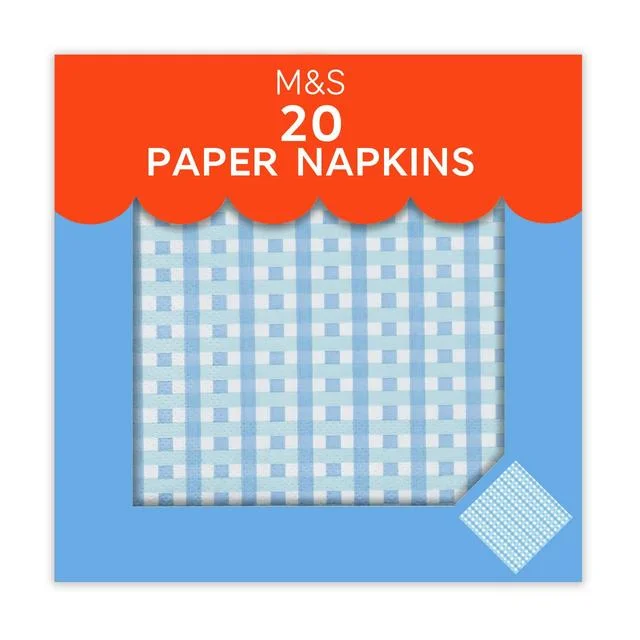 M&S Blue Gingham Paper Napkins   20 per pack