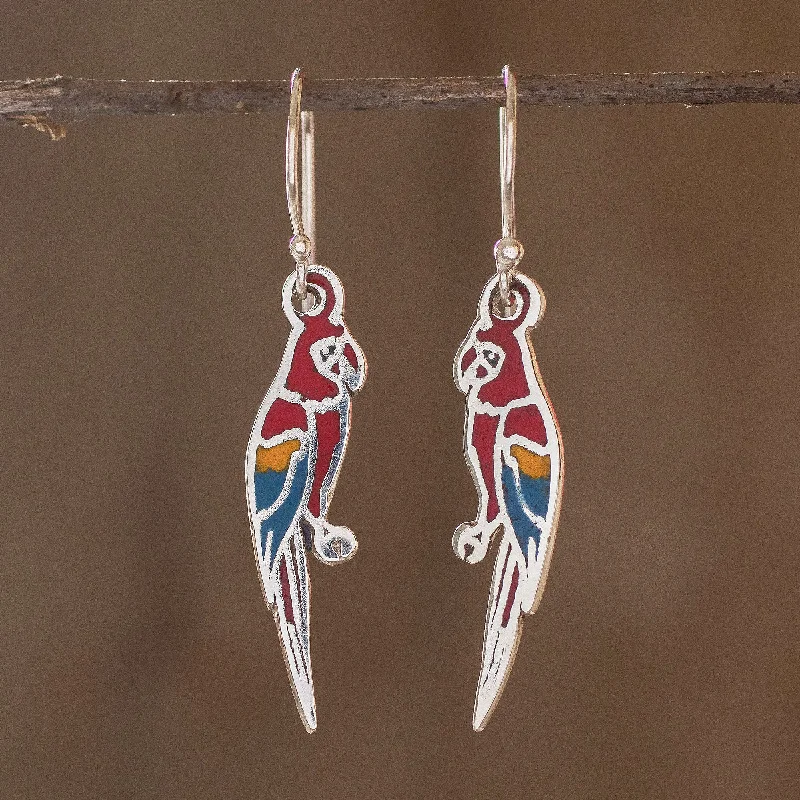 Scarlet Macaws Enameled Sterling Silver Costa Rican Macaw Earrings