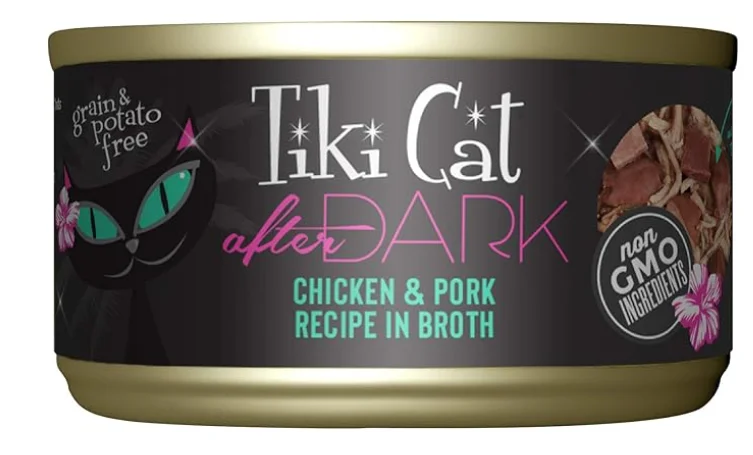    - Senior cat food  Tiki Cat After Dark, Chicken & Pork, High-Protein and 100% Non-GMO Ingredients, Wet Cat Food for Adult Cats, 2.8 oz. Cans