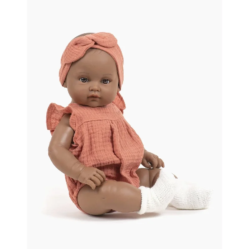 MiniKane bambinis girl Augustine dressed in an olivia romper and double marsala gauze headband