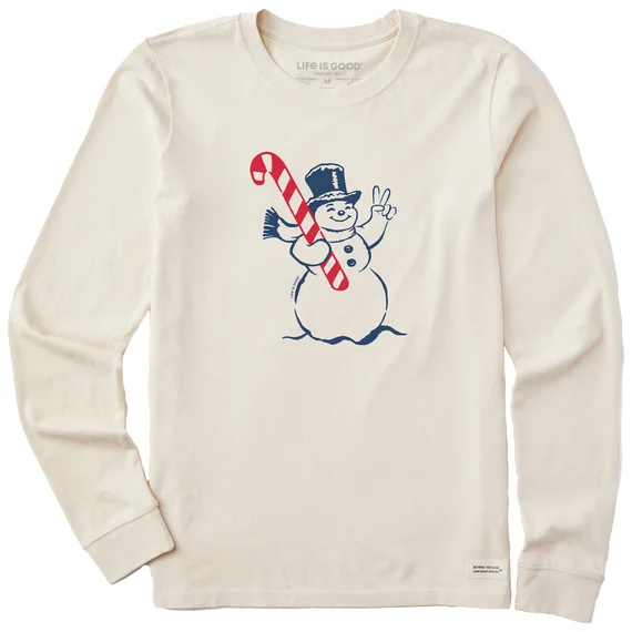 Women's Retro Peace Snowman Long-Sleeve Crusher Tee - Putty White